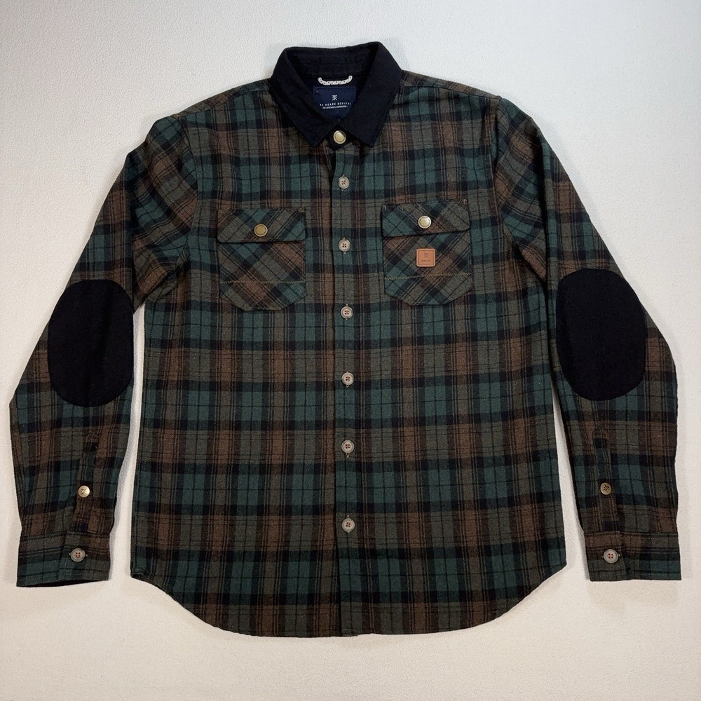 Roark Revival Nordsman Flannel Shirt Men's M Green Plaid Wool Elbow Patch Pocket